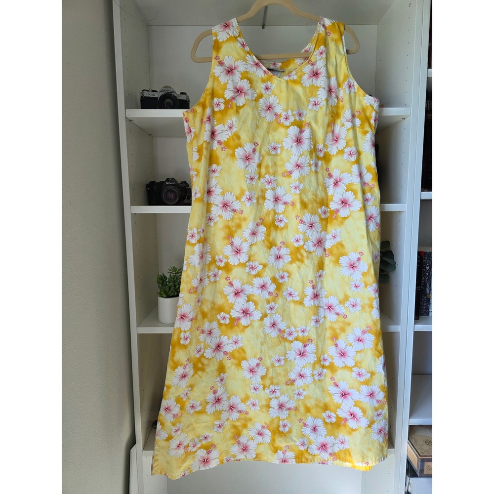Hilo Hattie Maxi Dress Womens XL Yellow Hibiscus Floral Cotton Made‎ in Hawaii